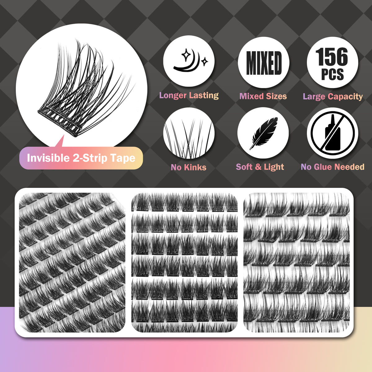 WONSIS Self Adhesive Eyelashes, 156 Pcs Self Adhesive Eyelash Clusters, No Glue Needed, Invisible 2-Strip Tape - Longer Lasting, No Sticky Residue Pre Glued Eyelashes (Volume-Mixed)