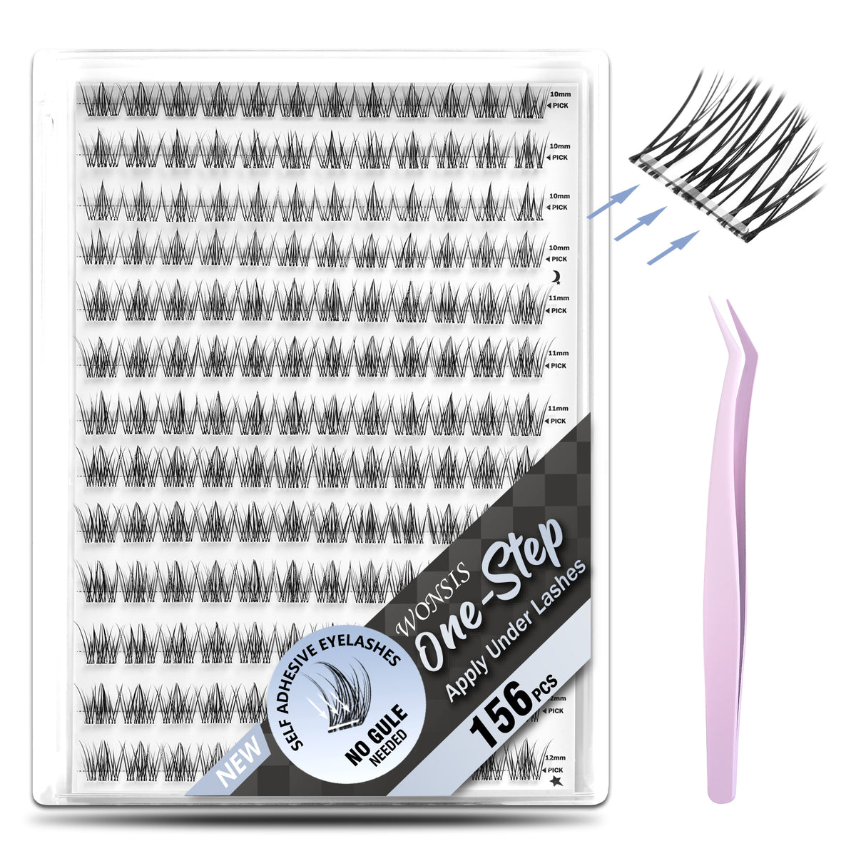 WONSIS Self Adhesive Eyelashes, 156 Pcs Self Adhesive Eyelash Clusters, No Glue Needed, Invisible Strip Tape - Longer Lasting, No Sticky Residue Pre Glued Eyelashes (Wispy-Mixed)